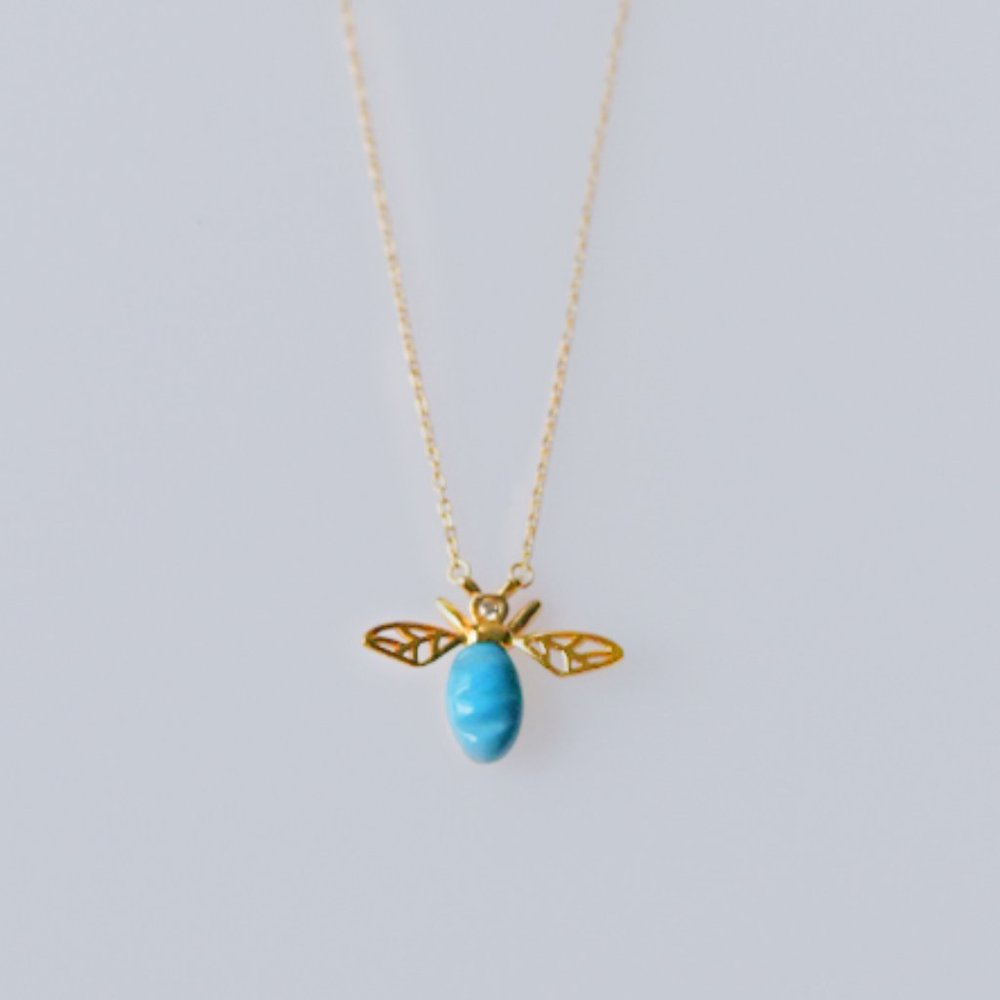Gold Vermeil Necklace Natural Turquoise Stone Bee Animal Chain - Picture 4 of 6